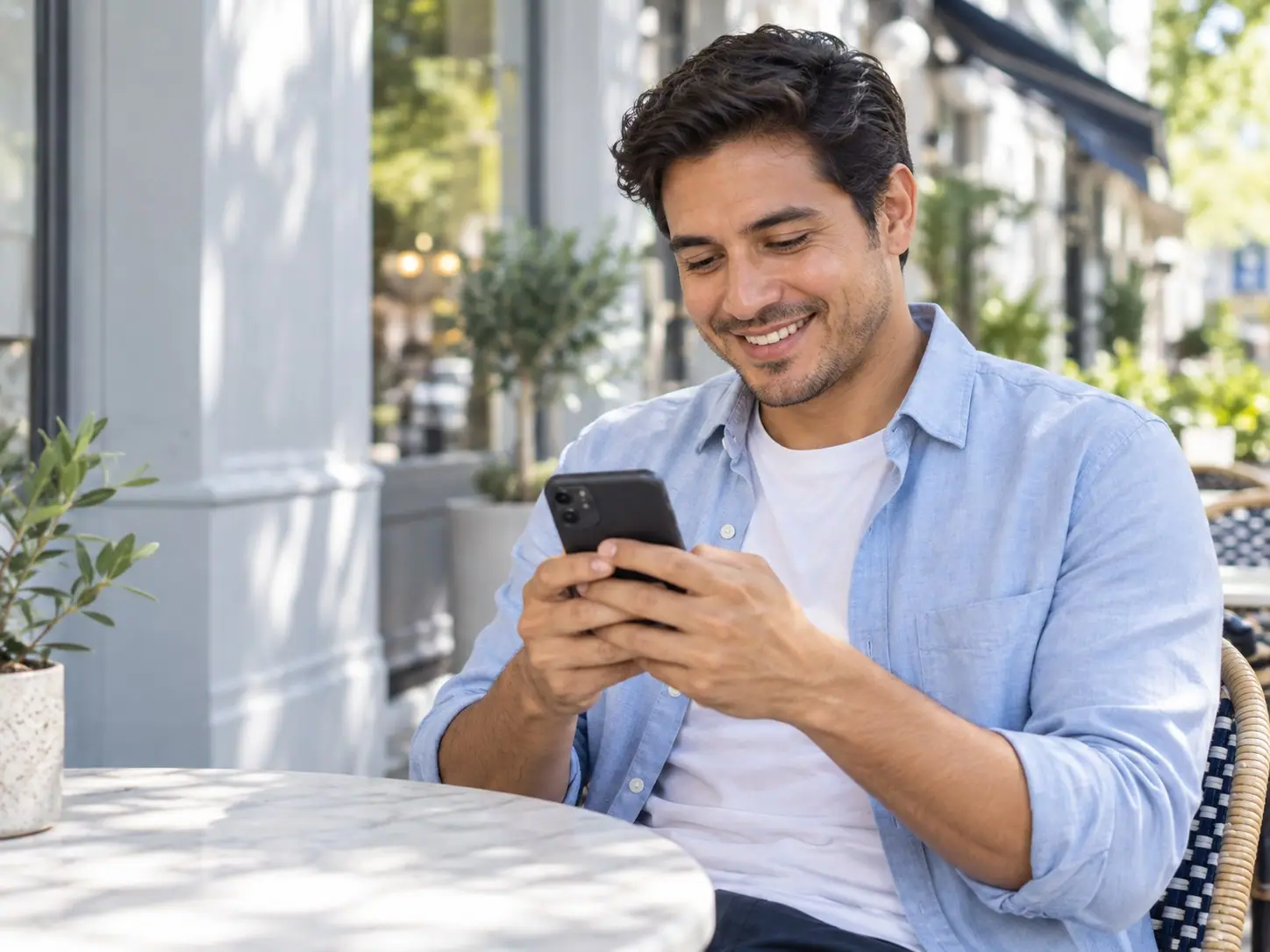 Cliente sonriendo mientras consulta su teléfono en la terraza de un café